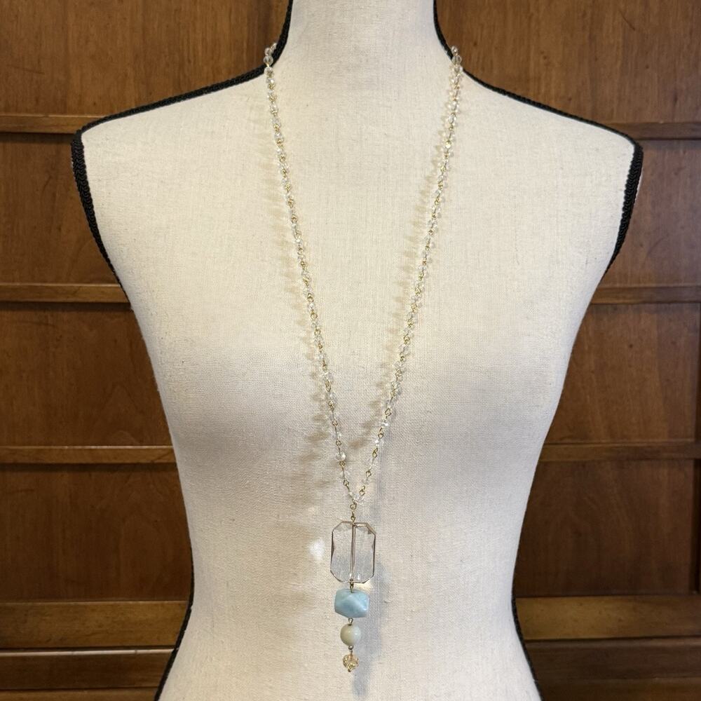 2 Queen B’s Long Faceted Glass Crystal Beaded Gemstone Pendant Necklace